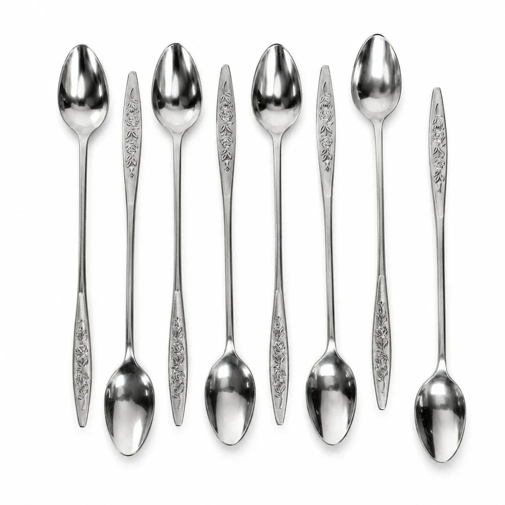 Eldan Iced Tea Spoons Set of 8 Rose Floral Embossed Japan Stainless Steel MCM